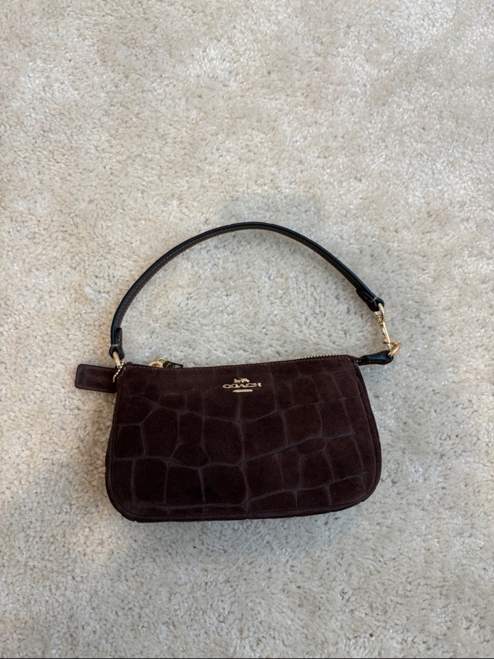 Coach Dark Brown Croc-Embossed Suede Wristlet with Gold Hardware